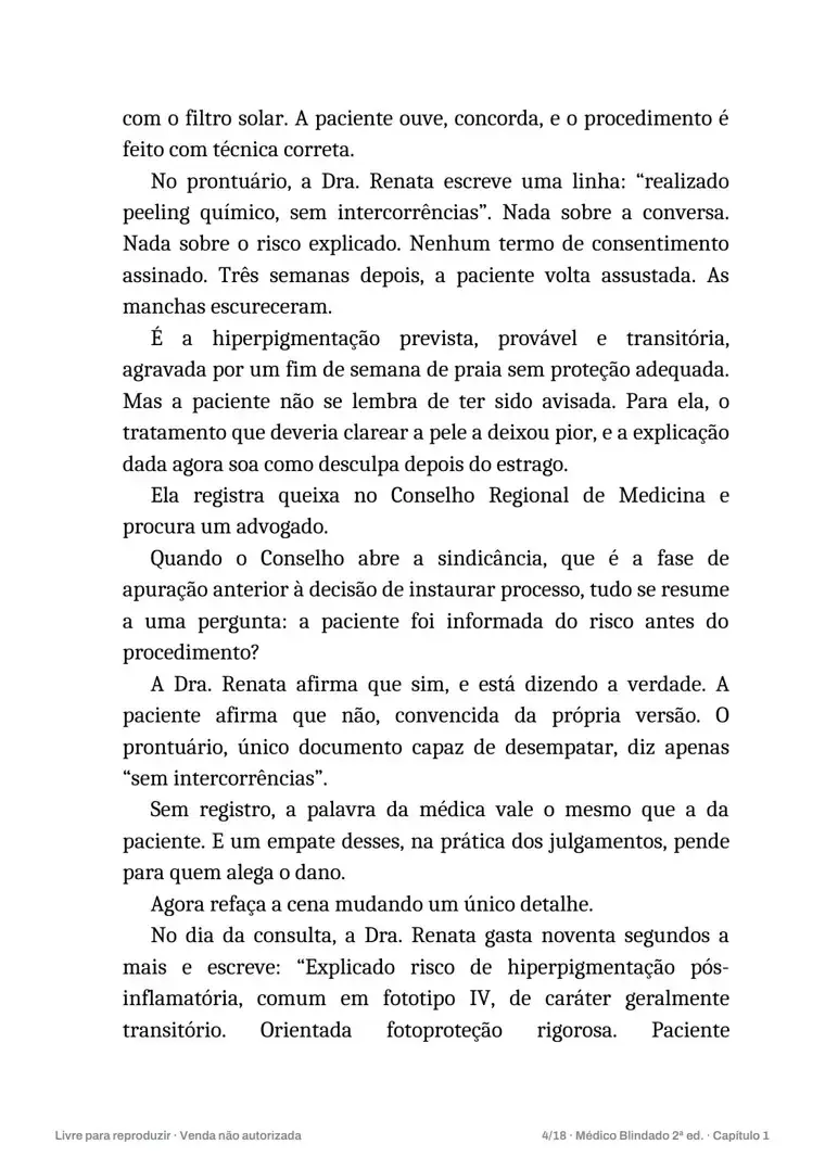 Página do e-book com o caso real de peeling químico e registro em prontuário
