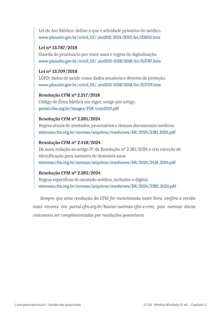 Página do e-book listando resoluções do CFM e leis com links das fontes oficiais