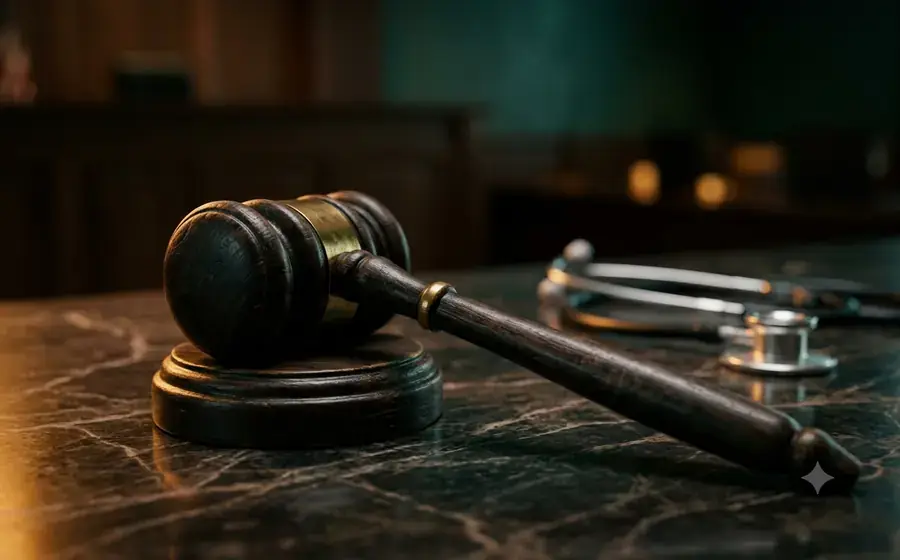 Martelo de juiz e estetoscópio sobre bancada de mármore escuro