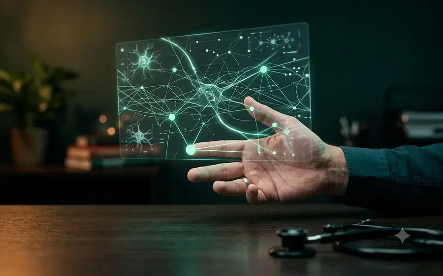 Mão de médico interagindo com painel holográfico de rede neural