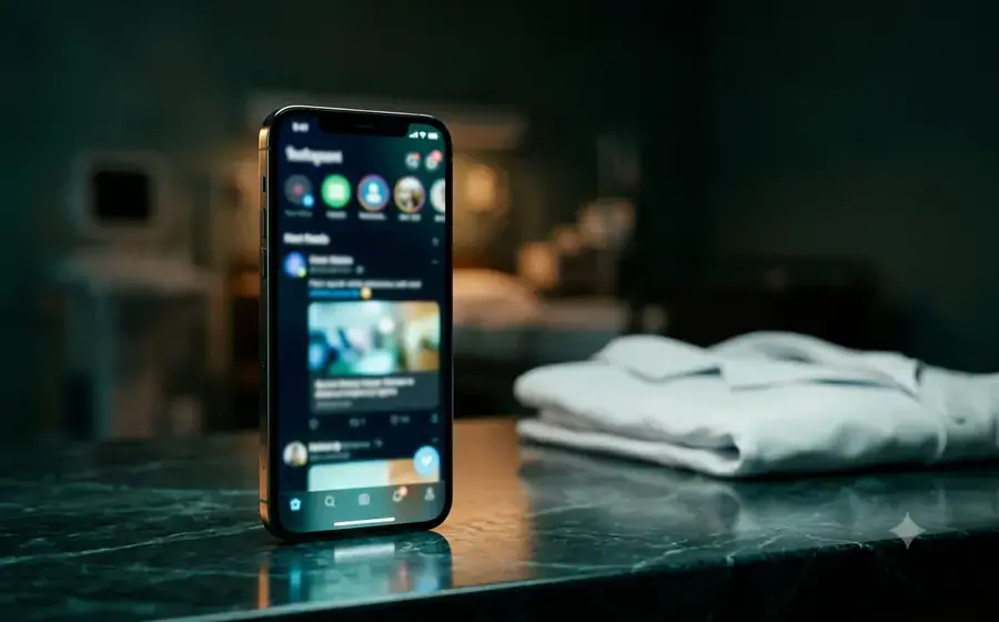 Celular com feed de rede social ao lado de um jaleco dobrado sobre a bancada