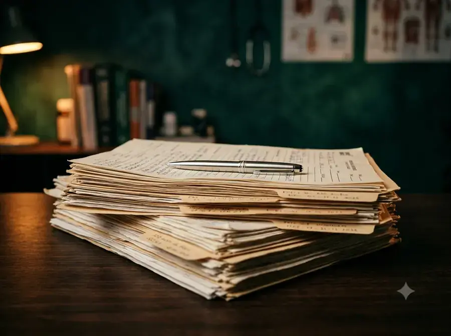 Pilha de prontuários manuscritos com caneta sobre mesa de consultório