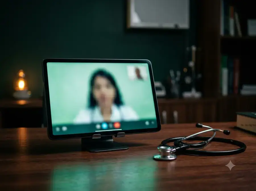 Tablet em teleconsulta ao lado de estetoscópio sobre escrivaninha